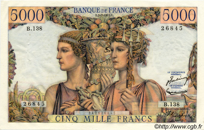 5000 Francs TERRE ET MER FRANCIA  1953 F.48.09 EBC+ a SC