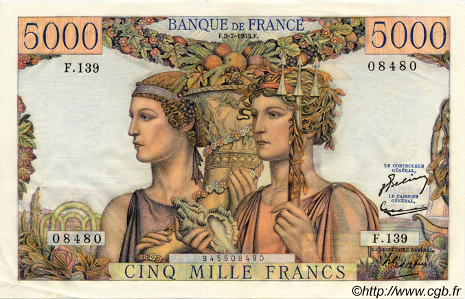5000 Francs TERRE ET MER FRANCIA  1953 F.48.09 EBC a SC