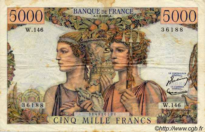 5000 Francs TERRE ET MER FRANCIA  1956 F.48.11 BC+ a MBC