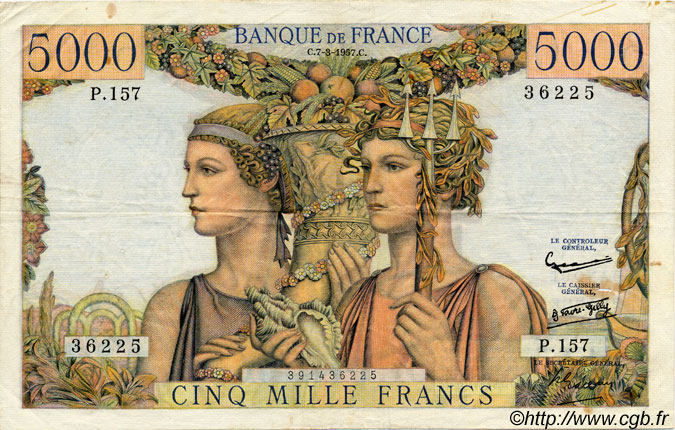 5000 Francs TERRE ET MER FRANCIA  1957 F.48.13 BC+