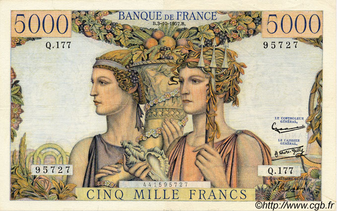 5000 Francs TERRE ET MER FRANKREICH  1957 F.48.17 fSS