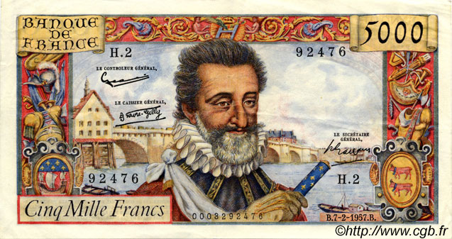 5000 Francs HENRI IV FRANKREICH  1957 F.49.01 SS to VZ