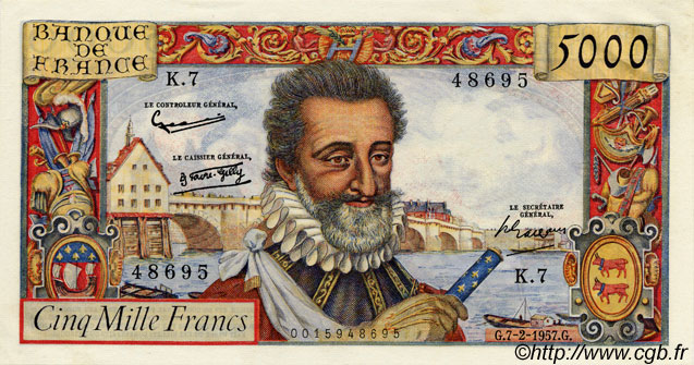5000 Francs HENRI IV FRANCE  1957 F.49.01 AU