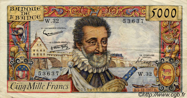 5000 Francs HENRI IV FRANCE  1957 F.49.04 VF-