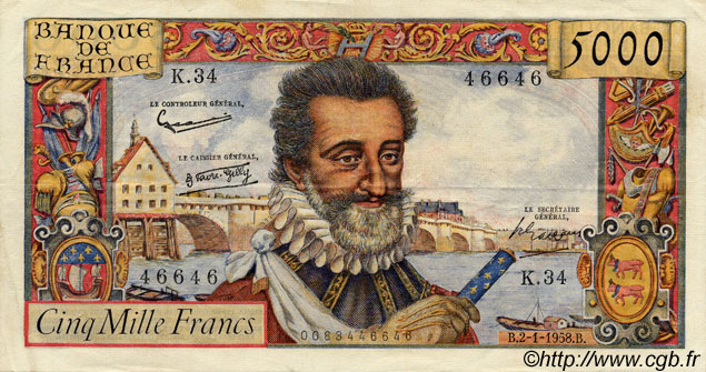5000 Francs HENRI IV FRANKREICH  1958 F.49.05 fVZ