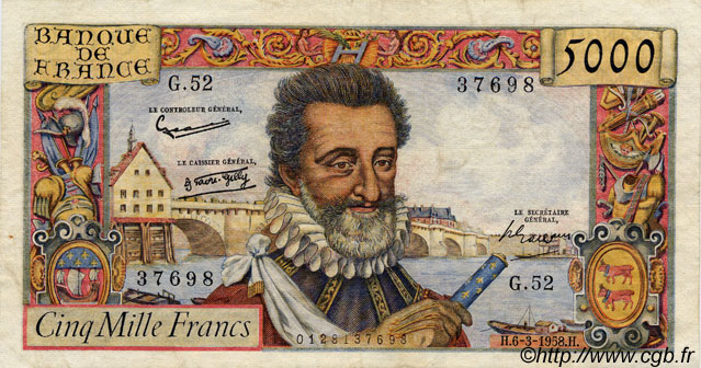 5000 Francs HENRI IV FRANCE  1958 F.49.06 VF