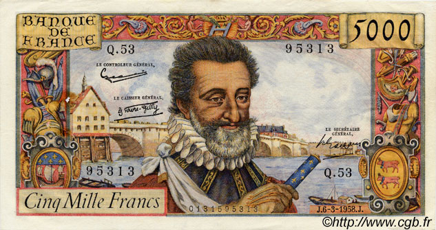 5000 Francs HENRI IV FRANCIA  1958 F.49.06 q.SPL