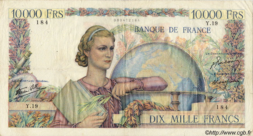 10000 Francs GÉNIE FRANÇAIS FRANCIA  1945 F.50.01 BC+