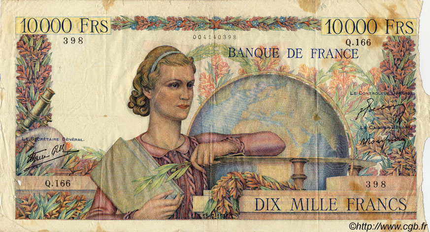 10000 Francs GÉNIE FRANÇAIS FRANCE  1946 F.50.07 P