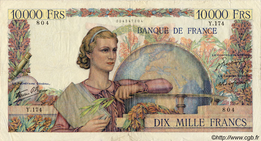 10000 Francs GÉNIE FRANÇAIS FRANCIA  1946 F.50.08 q.BB