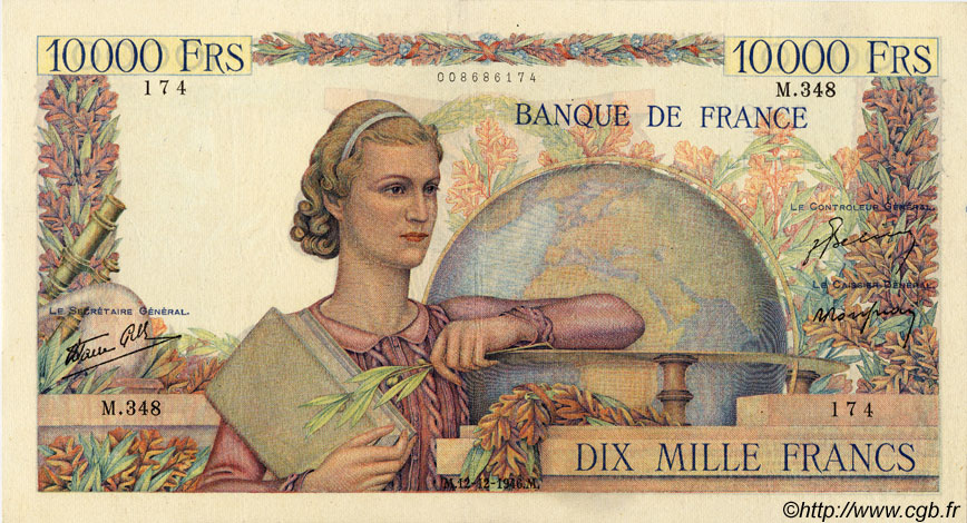 10000 Francs GÉNIE FRANÇAIS FRANCE  1946 F.50.15 VF