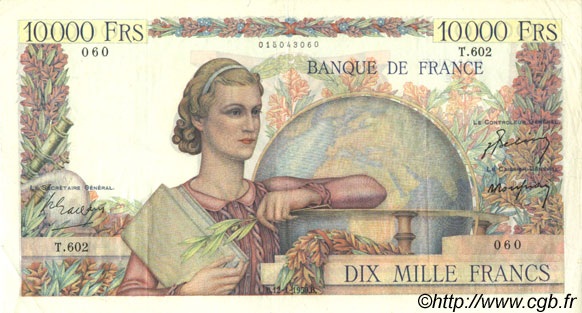 10000 Francs GÉNIE FRANÇAIS FRANCE  1950 F.50.26 VF