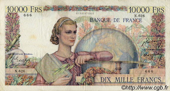 10000 Francs GÉNIE FRANÇAIS FRANCIA  1950 F.50.27 BC a MBC