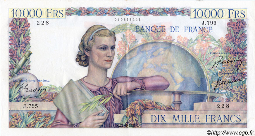 10000 Francs GÉNIE FRANÇAIS FRANCE  1950 F.50.34 XF