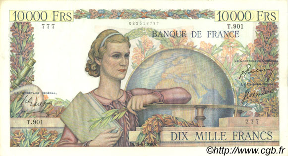 10000 Francs GÉNIE FRANÇAIS FRANKREICH  1950 F.50.38 SS