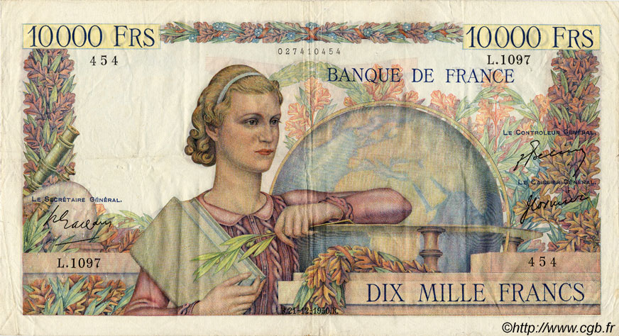 10000 Francs GÉNIE FRANÇAIS FRANCE  1950 F.50.46 VF