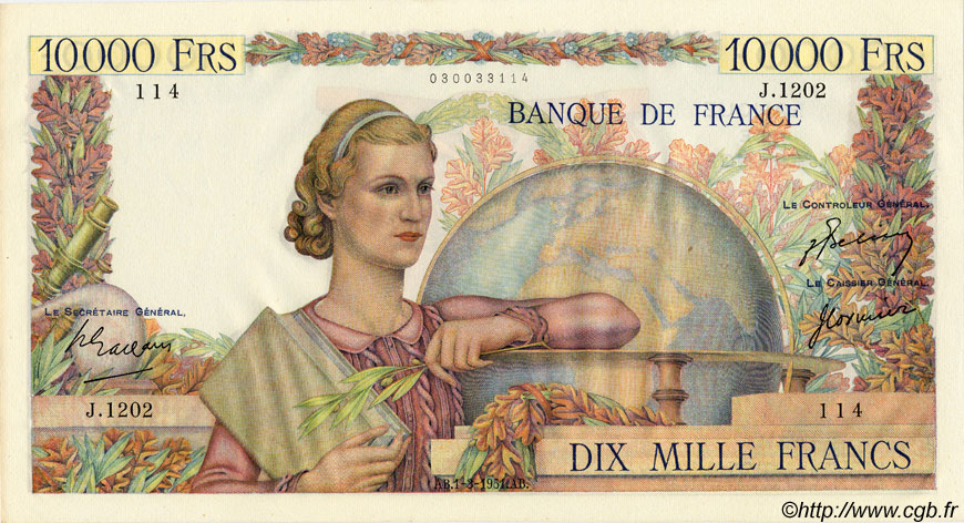 10000 Francs GÉNIE FRANÇAIS FRANKREICH  1951 F.50.48 VZ+ to fST