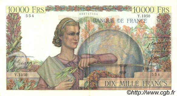 10000 Francs GÉNIE FRANÇAIS FRANCE  1951 F.50.49 VF - XF