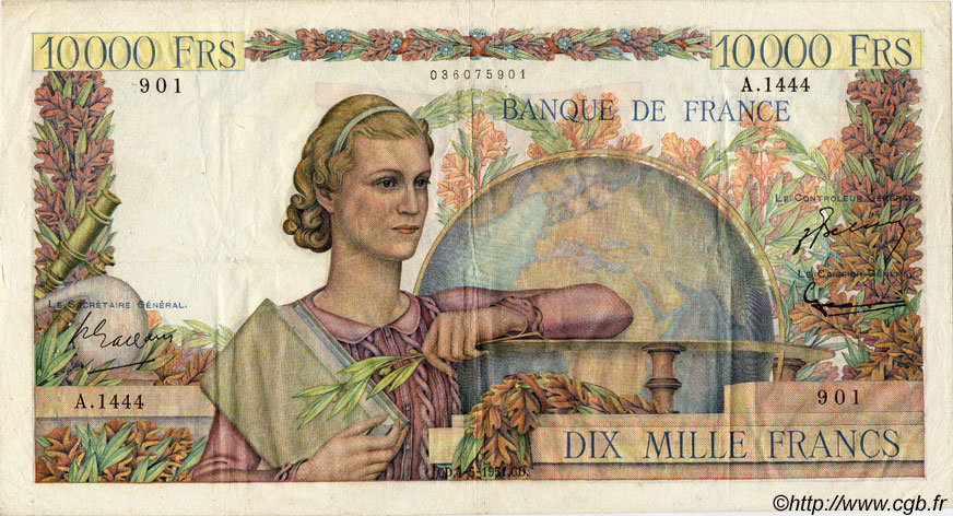 10000 Francs GÉNIE FRANÇAIS FRANKREICH  1951 F.50.50 fSS