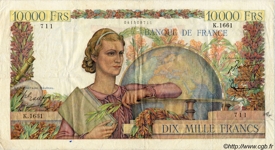 10000 Francs GÉNIE FRANÇAIS FRANCE  1951 F.50.52 F+