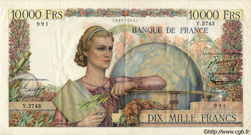 10000 Francs GÉNIE FRANÇAIS FRANKREICH  1952 F.50.58 fVZ