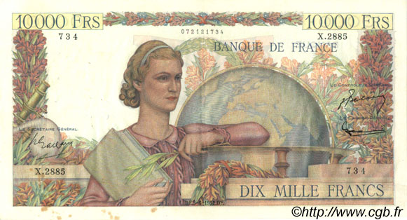 10000 Francs GÉNIE FRANÇAIS FRANCE  1952 F.50.59 VF