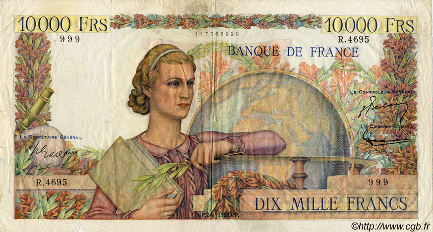 10000 Francs GÉNIE FRANÇAIS FRANCE  1953 F.50.64 F-
