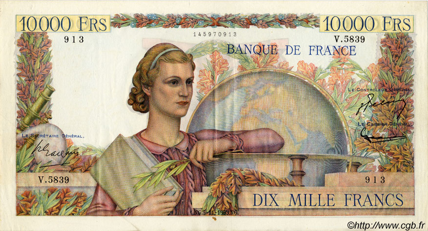 10000 Francs GÉNIE FRANÇAIS FRANKREICH  1953 F.50.68 fVZ