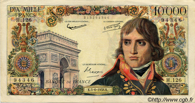 10000 Francs BONAPARTE FRANCIA  1958 F.51.12 q.BB