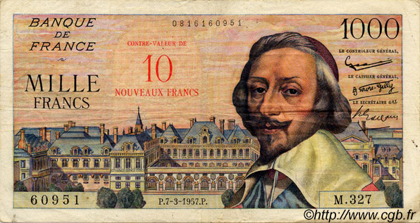 10 NF sur 1000 Francs RICHELIEU FRANCIA  1957 F.53.01 q.BB