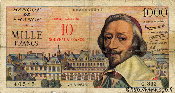 10 NF sur 1000 Francs RICHELIEU FRANKREICH  1957 F.53.01 SGE
