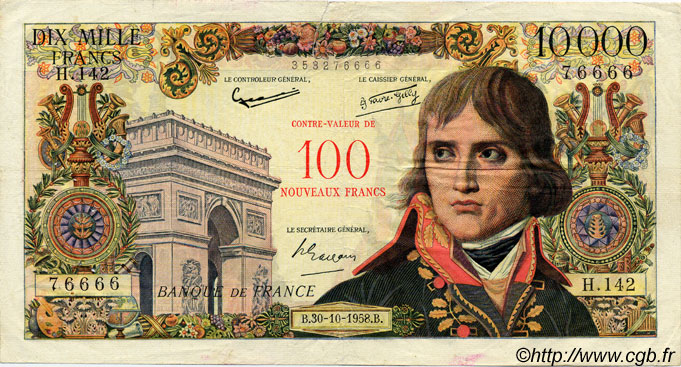 100 NF sur 10000 Francs BONAPARTE FRANCIA  1958 F.55.01 q.BB