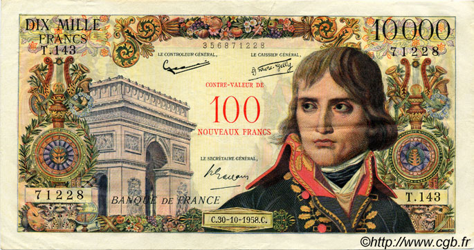 100 NF sur 10000 Francs BONAPARTE FRANCE  1958 F.55.01 VF+