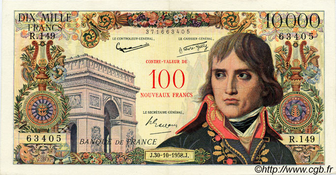 100 NF sur 10000 Francs BONAPARTE FRANKREICH  1958 F.55.01 fVZ