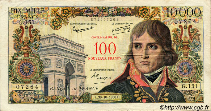 100 NF sur 10000 Francs BONAPARTE FRANCIA  1958 F.55.01 q.BB