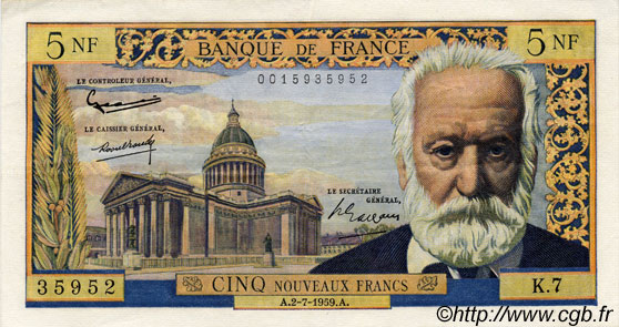 5 Nouveaux Francs VICTOR HUGO FRANCE  1959 F.56.02 XF-