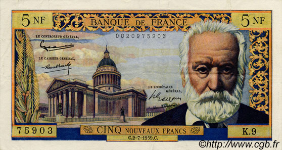 5 Nouveaux Francs VICTOR HUGO FRANCIA  1959 F.56.02 BB