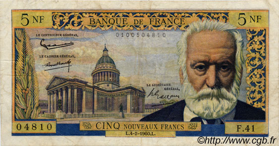 5 Nouveaux Francs VICTOR HUGO FRANCIA  1960 F.56.05 BC