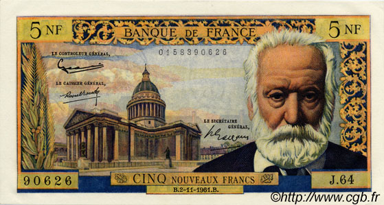 5 Nouveaux Francs VICTOR HUGO FRANCE  1961 F.56.09 UNC-