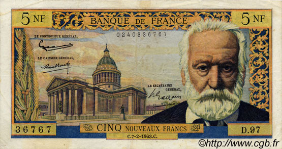 5 Nouveaux Francs VICTOR HUGO FRANCIA  1963 F.56.13 q.BB
