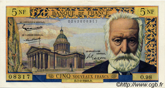 5 Nouveaux Francs VICTOR HUGO FRANCIA  1963 F.56.13 EBC+