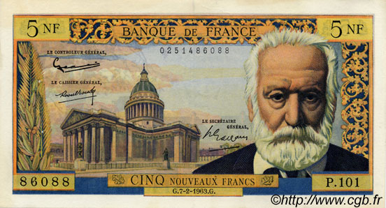 5 Nouveaux Francs VICTOR HUGO FRANCIA  1963 F.56.13 EBC