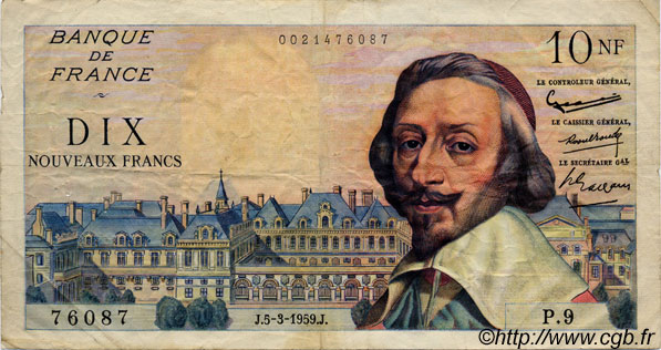 10 Nouveaux Francs RICHELIEU FRANCIA  1959 F.57.01 MBC