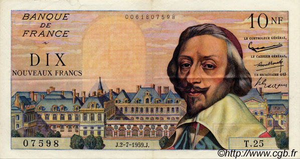 10 Nouveaux Francs RICHELIEU FRANKREICH  1959 F.57.02 fVZ