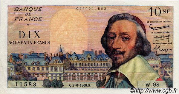 10 Nouveaux Francs RICHELIEU FRANCIA  1960 F.57.08 AU+
