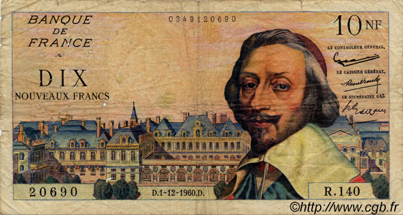 10 Nouveaux Francs RICHELIEU FRANCE  1960 F.57.12 VG