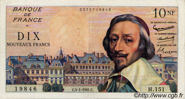 10 Nouveaux Francs RICHELIEU FRANCIA  1961 F.57.13 BC a MBC