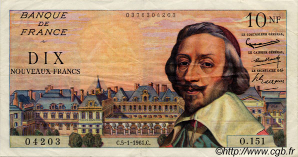 10 Nouveaux Francs RICHELIEU FRANCIA  1961 F.57.13 SPL