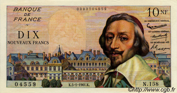 10 Nouveaux Francs RICHELIEU FRANKREICH  1961 F.57.13 VZ+