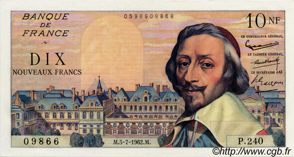 10 Nouveaux Francs RICHELIEU FRANCIA  1962 F.57.20 EBC a SC